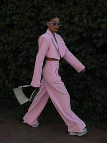 Women's Autumn Two‑Piece Set - French Elegant Commuter Academy‑Style Short Blazer With High‑Waisted Loose Wide‑Leg Pants - Pink - View 10