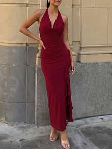 Halter Backless Lace Up Ruched Side Slit Ruffle Mesh Long Dress Women's Solid Sexy Elegant Evening Dress Party Prom Date Clothes - Burgundy - View 10