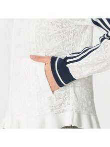 Adidas Women's Sports Jacket SPORTS TT W Stand Collar Contrast Trim Knit Cardigan KX6899 - Jade White/Dark Indigo - View 5