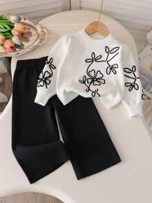 2pcs/Set 1pc Girls Elegant Solid Color Floral Embroidered Knit Pullover Sweater And 1pc Solid Color Knit Pants Set, Suitable For Daily Casual Wear In Spring, Autumn And Winter - Black and White - View 1