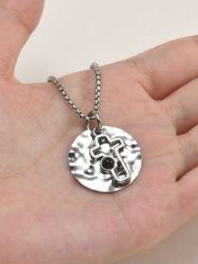 1pc Vintage Stainless Steel Hammered Hollow Cross Black Agate Pendant Necklace For Men, Jewelry, Personalized Daily Gift - PN2456 - View 4