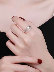 RADIVIDE 1pc 925 Sterling Silver Cross Chain Ring, Vintage Personalized Adjustable Open Silver Ring, Hip-Hop Style Women's Finger Ring Accessory - Silver - View 7