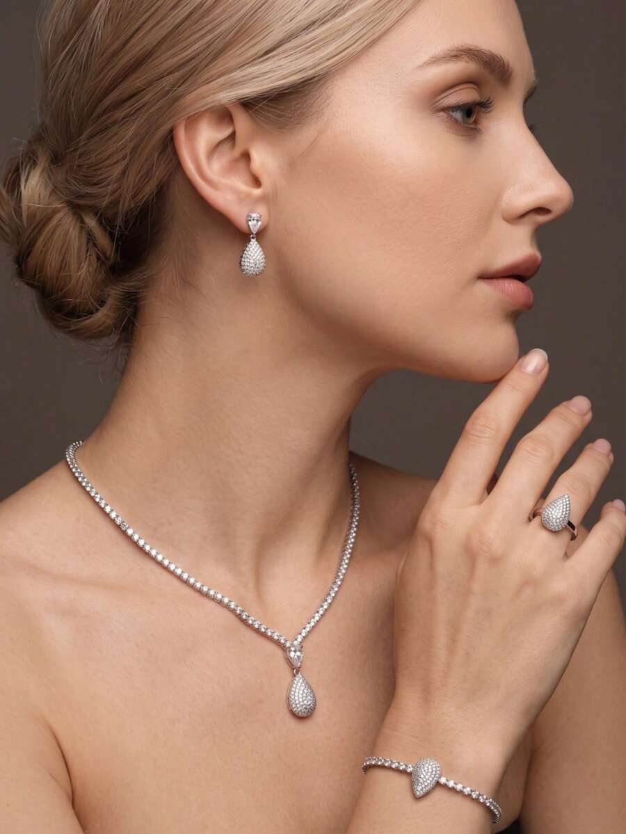 1 Set Luxury Elegant Sparkling Cubic Zirconia Teardrop Design Jewelry Set Suitable For Women's Wedding And Banquet Wear - Silver - View 1