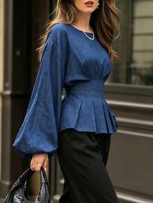 Women's Elegant Ruffle Blouse, Lantern Long Sleeve Round Neck Pleated Waist Business Commute Top, Autumn - Navy Blue - View 1