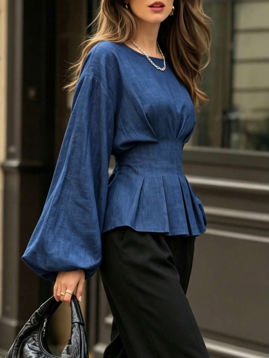 Women's Elegant Ruffle Blouse, Lantern Long Sleeve Round Neck Pleated Waist Business Commute Top, Autumn - Navy Blue - View 1