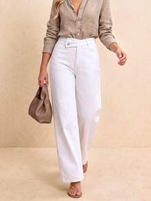 Women's Asymmetric Waistband Denim Jeans With Offset Waist Design - White - View 3