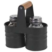 GEEZY Glass Salt And Pepper Shakers Set With Metal Stand - 3 Piece Cruet Set With Carry Handle, Stainless Steel Lids, Refillable Seasoning Pots - Kitchen Essentials For New Home, Kitchen, Restaurant - Black - View 2