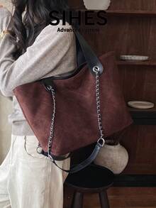 1pc Solid Color Suede New Women's Backpack, Shoulder Bag, Handbag, Fashion Large Capacity Tote Bag, Suitable For Commuting, Shopping, Dating, Shopping - Coffee - View 8