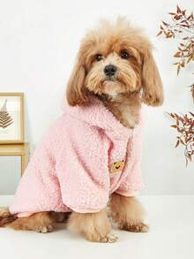 Minimalist Pure Pink Polyester Teddy Fleece Lined Pet Hoodie, Bear Pattern, Suitable For Small To Medium Pets Dogs And Cats, Winter Indoor And Outdoor Wear - Pink - View 4
