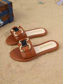 1 Pair Classic Round Toe Rhinestone Flat Sandals, Cute & Fashionable For Girls, Suitable For Summer & Various Occasions Like Beach Wear - Brown - View 9