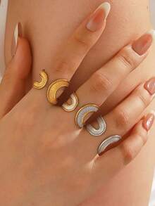 3PCS/1PC Stainless Steel 18K Gold Plated Fashion Popular Geometric Textured Open Ring Suitable For Women's Daily And Holiday Wear - Multicolor - View 1