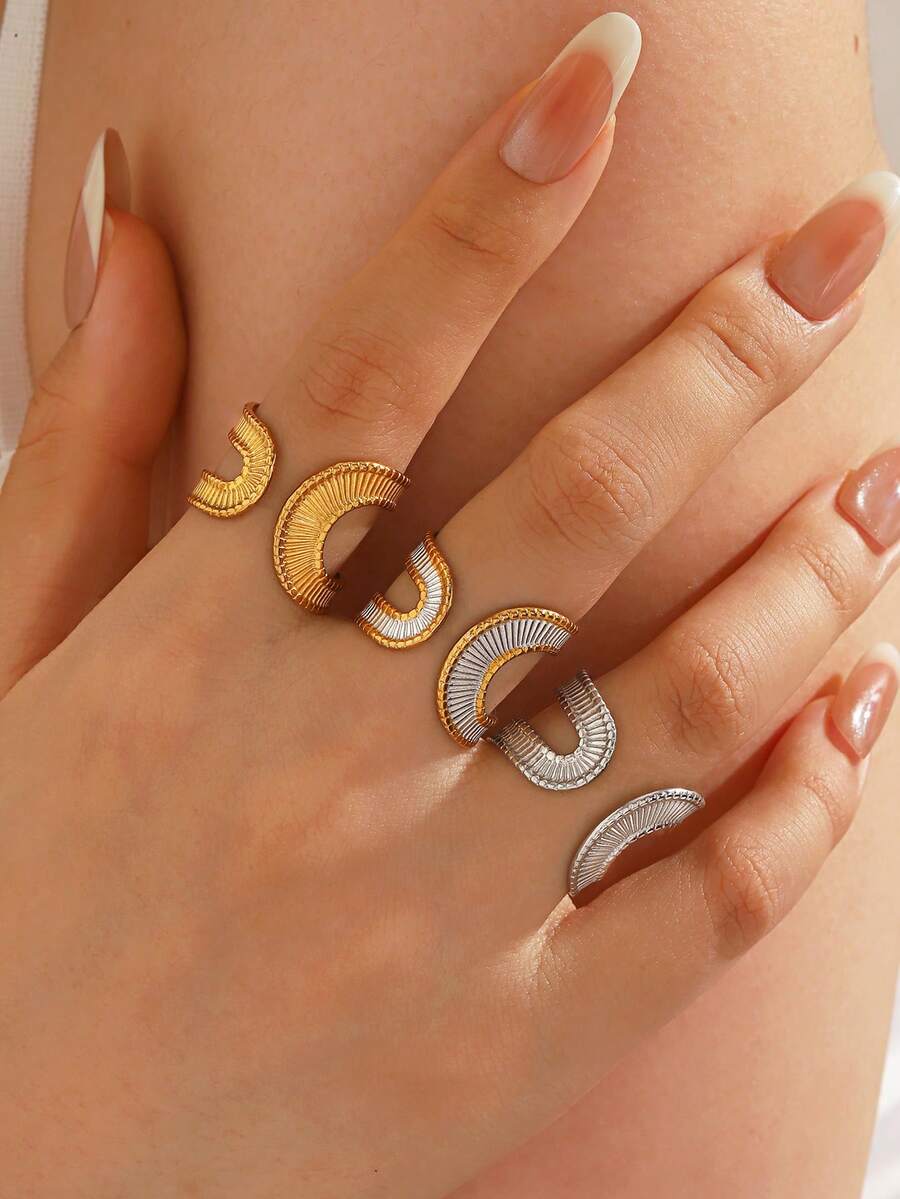 3PCS/1PC Stainless Steel 18K Gold Plated Fashion Popular Geometric Textured Open Ring Suitable For Women's Daily And Holiday Wear - Multicolor - View 1