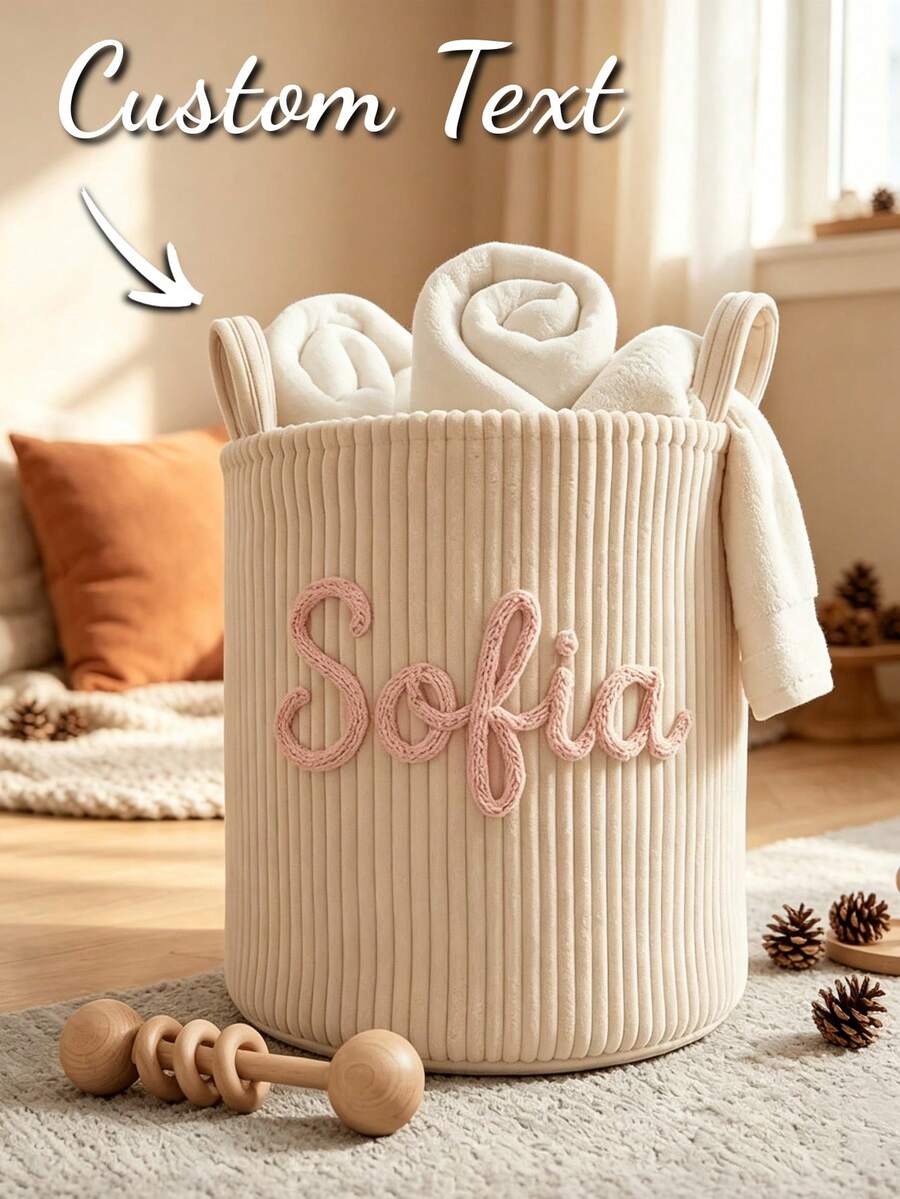 Personalized Custom Name Corduroy Storage Basket, Large Capacity Laundry And Blanket Organizer, Custom Home Decor Gift, Suitable For Christmas, Thanksgiving, Housewarming, Bedroom And Living Room Storage - Multicolor - View 1