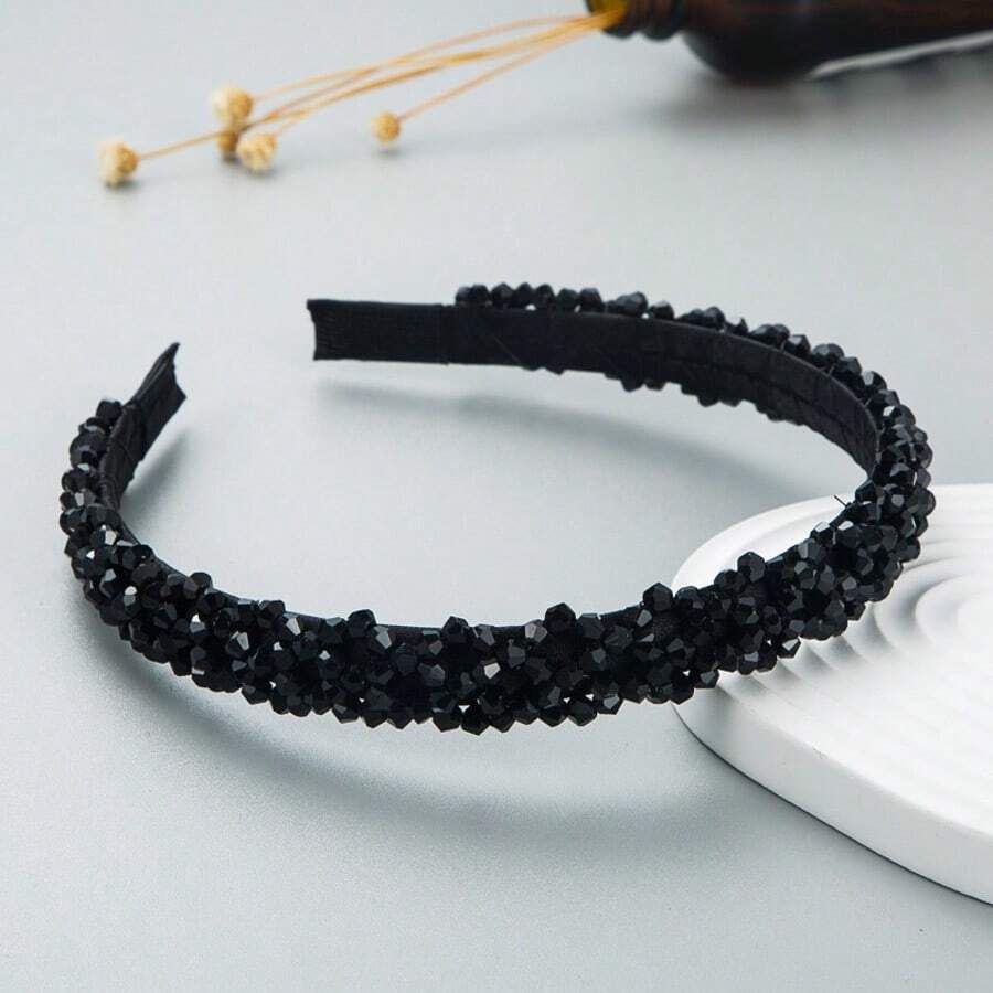 1pc Korean Style Fashion Solid Color Twisted Crystal Thin Rim Headband Elegant Beautiful Fairy Hair Accessory Suitable For Girls Daily Wear - FG428-b-black - View 1