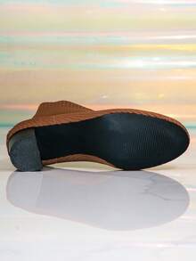 1 Pair Solid Color Basic Round Toe Elastic Slip-On High Heel Ankle Boots Winter Chunky Heel Fashion Women's Ankle Boots - Brown - View 6