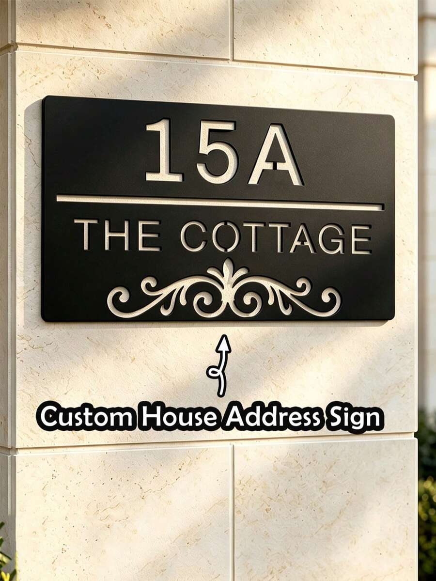 4 Sizes Available! Custom Vintage Scroll Metal House Sign,Address Plaque, Personalized Villa Door Number - Black - View 1
