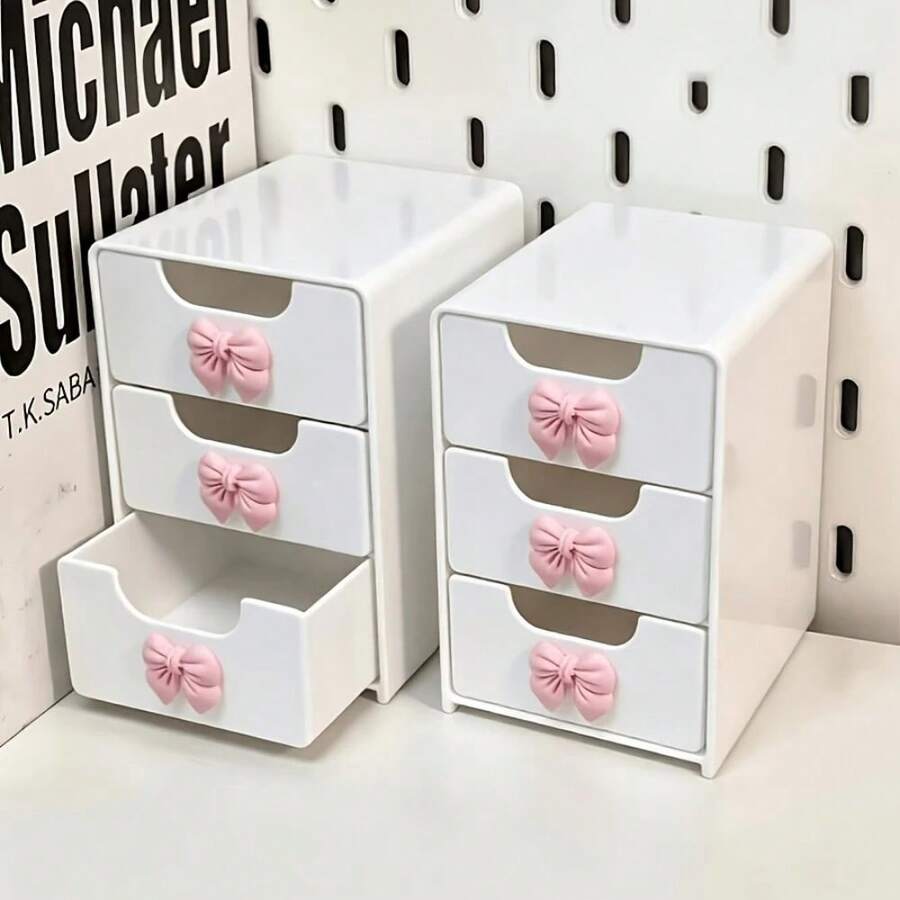 Pink Bow Decor Mini Desktop Drawer Storage Box, Expandable Multi-Layer Plastic Jewelry Box, Desktop Organizer, Convenient And Elegant, For Vanity, Jewelry Storage, Bedroom, Makeup Table, Desktop Storage And Stationery Storage