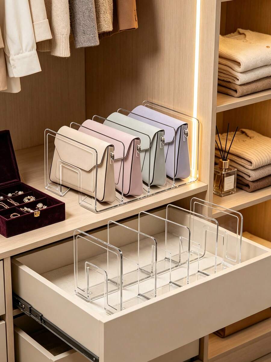 Transparent Acrylic Storage Organizer, 4 Compartments, Multi-Functional Dividers, Suitable For Handbags, Wallets, Books, Clothes, Sweaters, Towels, Applicable For Wardrobes, Bookshelves, Bedrooms, Bathrooms, Kitchens, Offices - Multicolor - View 1