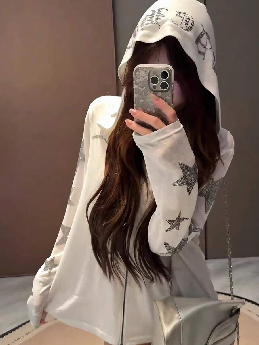 American Retro Star Rhinestone Hooded Sun Protection Cardigan Jacket Women's New Loose Fashion Casual Top (Random Print)