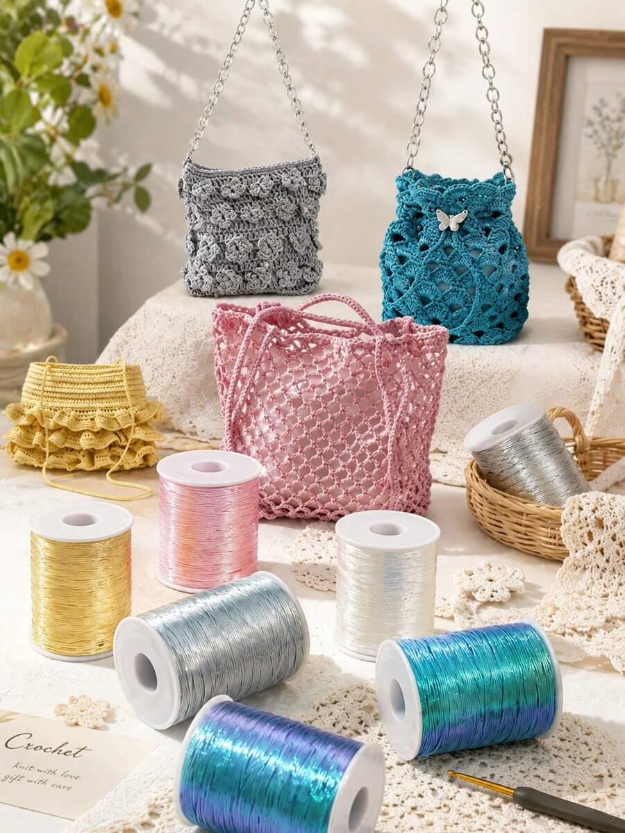 1 Roll Iridescent Sparkle Crochet Thread, 80g Shiny Metallic Crochet Yarn For Hand Knitting, DIY Macrame Braiding Craft String For Bag Making - 80g - View 1
