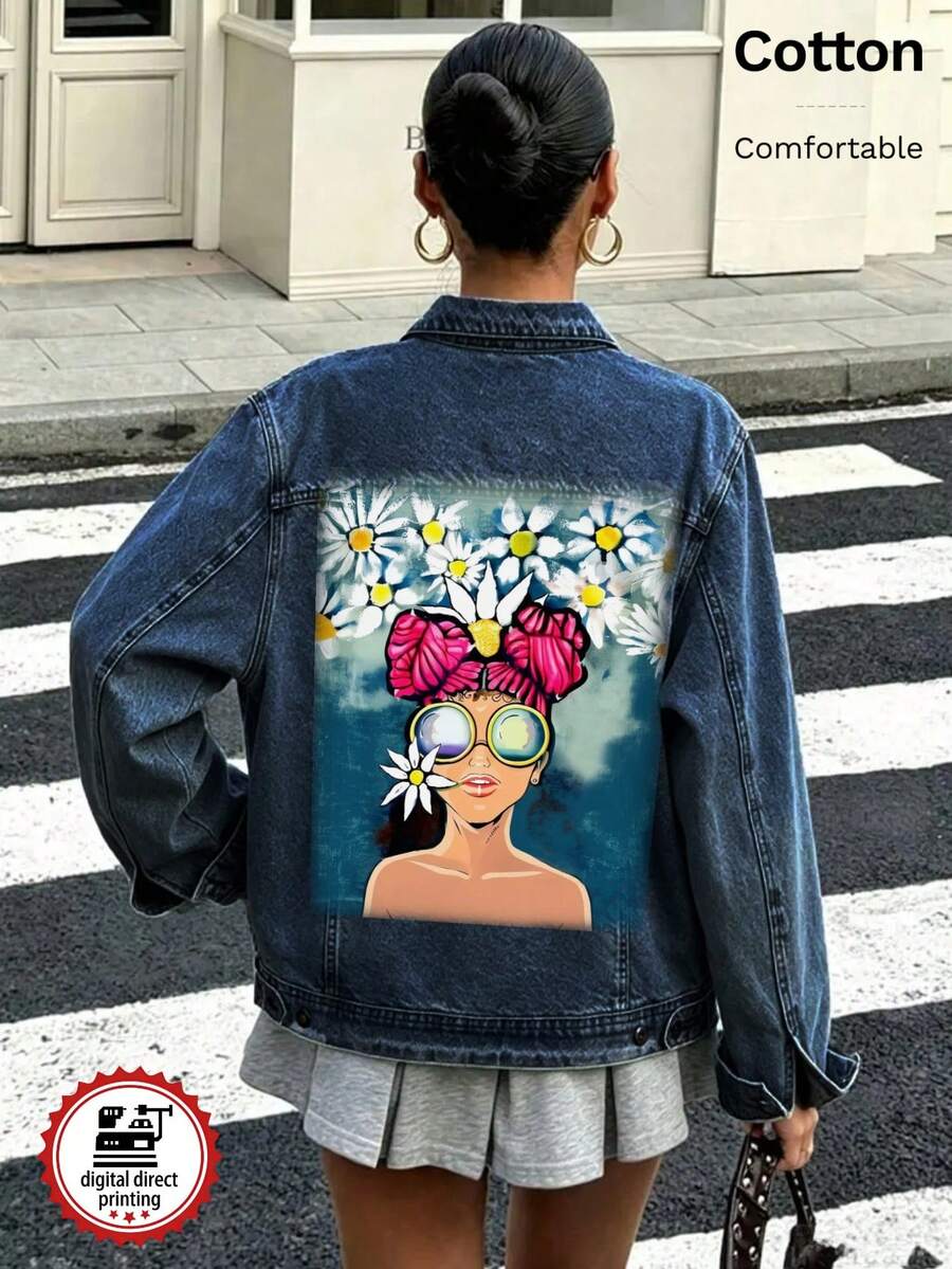 Women's Denim Jacket, Featuring Sweet Daisy And Bow Designs, White Ink Direct-To-Garment Print, Vintage Washed Loose Fit - Dark Denim Blue - View 1