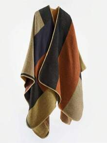 1pc Men's Versatile Fashion Colorblock Plaid Poncho Shawl Scarf, Autumn/Winter Outdoor Casual Warm Split Poncho Jacket - Multicolor - View 4
