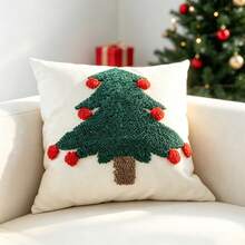 1pc Christmas Tree Chenille Embroidery Pillow Case, Christmas Holiday Decor Pillow Case, Canvas Chenille Embroidery Pillow Case, Suitable For Sofa, Bedroom And Living Room, Pillow Insert Not Included - Multicolor - View 7