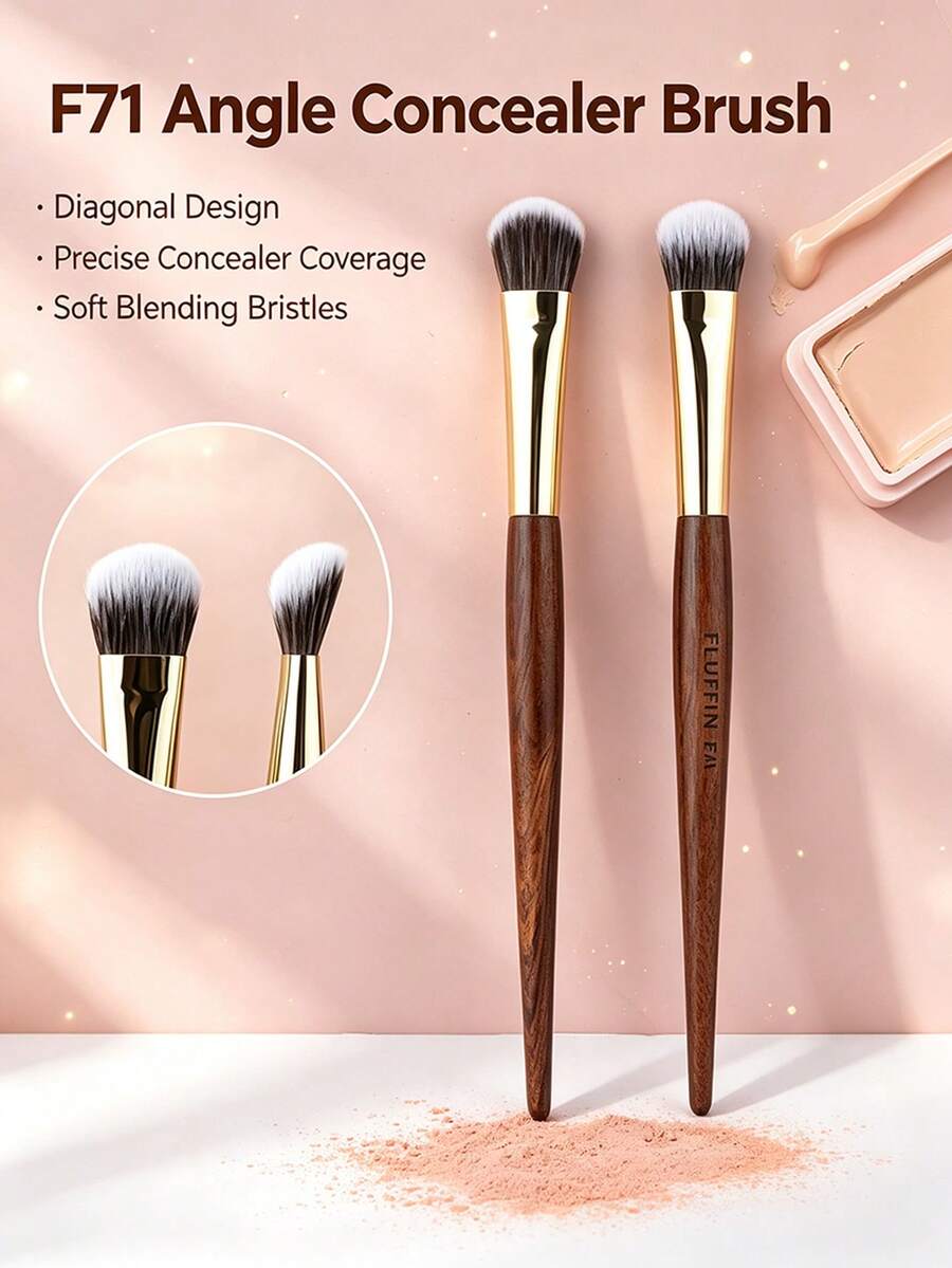 FLUFFIN Cọ che khuyết điểm góc F71, độ che phủ tùy chỉnh, dùng cho kem lỏng/kem thỏi, cọ tán trang điểm chất lượng cao, cán gỗ hồng, ống đồng
