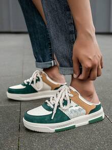 Men's Versatile Retro Random Print Patchwork Thick Front Lace-Up Casual Sports Shoes, Minimalist Design Daily Wear Sports Comfortable Lightweight Slip-On Half-Back Men's Shoes - Rice Green - View 11
