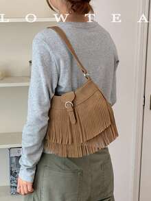 low tea 1pc Tassel Buckle Suede Fabric Shoulder Bag, Suitable For Commuting, Shopping And More - Light Khaki - View 8