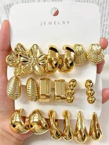 1 Pair - 9 Pairs Gold Multi-Style Earrings Set, Floral, Shell, Square Design, Resin Material, Suitable For Women To Easily Match Various Outfits. - Yellow Gold - View 8