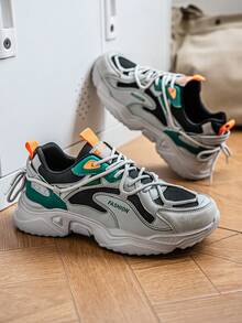 Men's New Colorblock Patchwork Minimalist Casual Chunky Sneakers, Versatile Outdoor Commute High Platform Sports Sneakers For Teenagers - Black - View 7