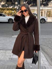Women's Solid Color Faux Fur Patchwork Pocket Jacket For Vacation - Brown - View 5