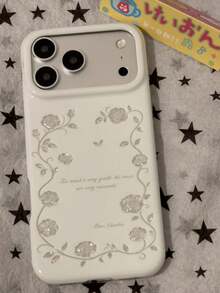 Silver Diamond Pattern Rose Flower Phone Case Compatible With Apple 17 Pro Max, New 16 Pro, 16, 17 Pro, 15 Pro, Girly Style, Artistic, Korean Fashion, Full Coverage Anti-Drop Protective Cover - White - View 1
