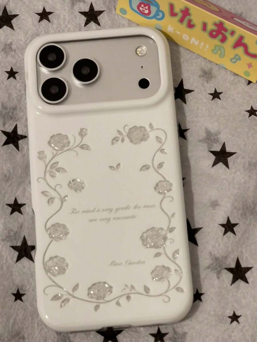 Silver Diamond Pattern Rose Flower Phone Case Compatible With Apple 17 Pro Max, New 16 Pro, 16, 17 Pro, 15 Pro, Girly Style, Artistic, Korean Fashion, Full Coverage Anti-Drop Protective Cover - White - View 1