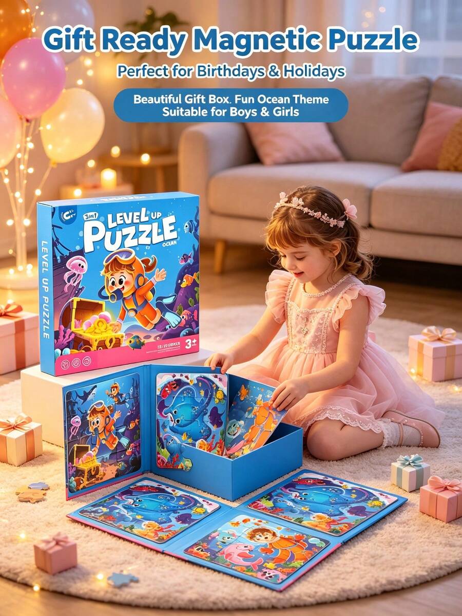 3-Fold Book-Style Magnetic Progressive Puzzles For Toddlers 1-3 Years Old, 3 Difficulty Levels 12/16/20 Pieces, Large Magnetic Pieces Easy To Assemble, Foldable Book Storage For Convenient Travel, Animal Dinosaur Ocean Transportation Fairy Tale Themes, Develops Fine Motor Skills Concentration And Shape Recognition, Beautiful Gift Box Packaging, Home Early Education Travel Toy, Birthday Christmas Gift For Kids