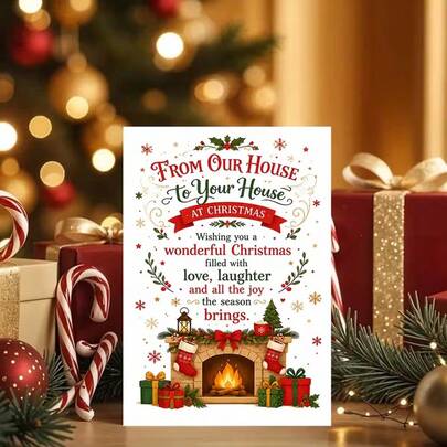 2PCS(1 Card And 1 Envelope), Warm Holiday Christmas Card, From Our Home To Yours, Fireplace And Gift Scene, For Friends, Classic Winter Holiday Style