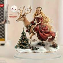 Christmas 2D Acrylic Flat Ornament, Blonde Princess Riding Golden Horned Reindeer With Christmas Tree And Snowy Landscape Scene, Holiday Desktop Decoration Home Gift - A - View 4