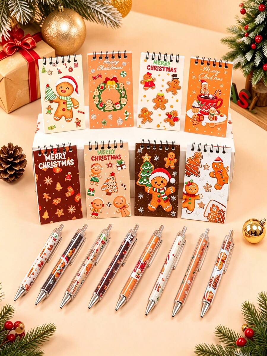 1set, Gingerbread Man Pen And Notebook For Christmas Gift, Gingerbread And Christmas Tree Patterns Gift Packs, Suitable For Xmas Party Suppleis, For Christmas Party Gifts, Gingerbread Themed Events And Classroom Rewards - Gingerbread Man Notebook and Pen Set - View 1