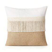 Farmhouse Bohemian Style Tassel Patchwork Lumbar Pillow Cushion Cover, Neutral Beige & White Rectangular Decorative Throw Pillowcase, Suitable For Sofa Bedroom Living Room Home Decor - Beige - View 9