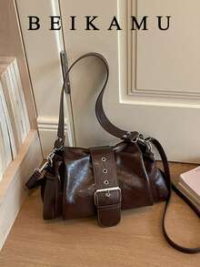 Solid Color Oil Wax PU Leather Baguette Bag For Women, Large Metal Square Buckle Wide Strap, Vintage Distressed Adjustable Shoulder Underarm Crossbody Bag - Coffee - View 4