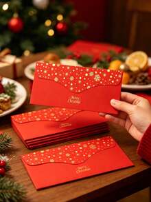 6/3/1pc Christmas Red Gold Foil Envelopes Set, Snowflake Hot Stamping Money Gift Envelope, Xmas Greeting Card Letter Paper Postcard Invitation For Holiday Party Favor, Festive Stationery Back To School Winter Photo Booth Table Display Prop - A - View 5