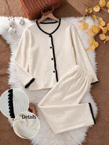 Girl's Ribbed Knit Pajama Set, Black Scalloped Trim Long Sleeve Button Top & Long Pants, Soft Warm Loungewear, Elegant Home Sleepwear For Tween Girl Winter - White - View 3