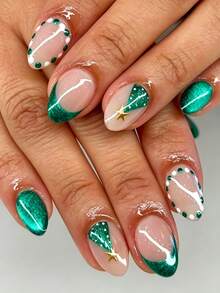 Christmas Nails, 24pcs Short Oval Green Cat Eye French Tip With Polka Dot Star Christmas Tree Design Press-On Nails, Suitable For Office Women, Parties, Dates, Daily Wear And Party Use - Multicolor - View 1