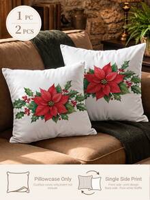 1pc/2pcs Christmas Simple Poinsettia Pattern Waffle Fabric Cushion Cover, Single-Sided Printed Soft Waffle Polyester Material, Waffle Pillowcase Suitable For Room Decoration, Modern Minimalist Sofa Living Room Decor, Gift Giving, Party Decoration - Multicolor - View 6