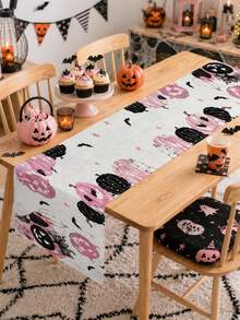 1pc Pink Pumpkin Halloween Linen Table Runner, Sweet Spooky Rectangular Table Decor With Black White Pumpkins, Bats And Star Print, Cute Holiday Tabletop Decoration For Halloween Party And Home - Multicolor - View 7