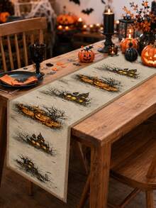 1pc Halloween Linen Table Runner, Vintage Gothic Rectangular Table Decor With Haunted House, Pumpkin, Bat And Bare Tree Print, Farmhouse Tabletop Decoration For Halloween Party, Kitchen And Home - Multicolor - View 4