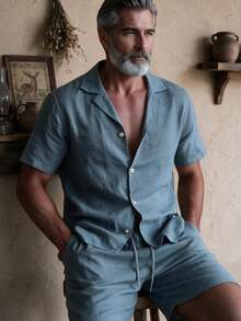 GOLDREDY Men's Fashion Vintage Linen Texture Fabric Lapel Collar Short Sleeve Shirt & Matching Shorts Set - Dusty Blue - View 1