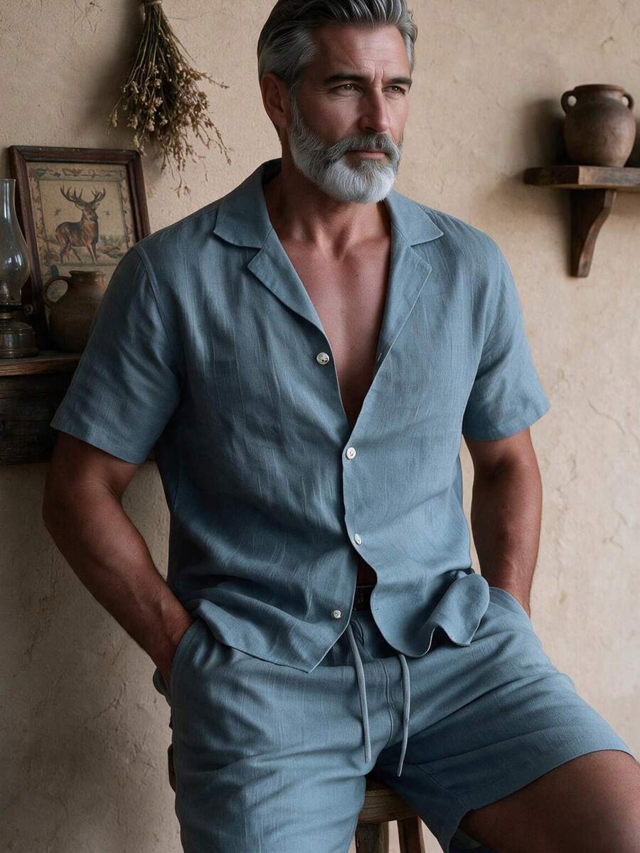 GOLDREDY Men's Fashion Vintage Linen Texture Fabric Lapel Collar Short Sleeve Shirt & Matching Shorts Set - Dusty Blue - View 1