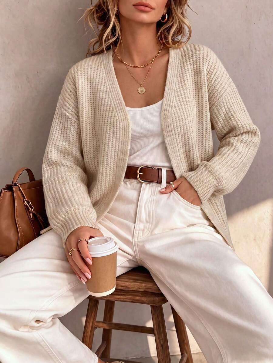 Plus Size Women's Solid Color Vertical Ribbed Knit Long Sleeve V-Neck Buttonless Open Front Drop Shoulder Loose Fit Beige Cardigan, Soft Casual Style For Daily Commute, Autumn/Winter Coffee Date Outerwear - Apricot - View 1